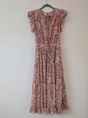 PINCH Floral Tiered Midi Dress Flutter Sleeves Smocked Waist Size Small